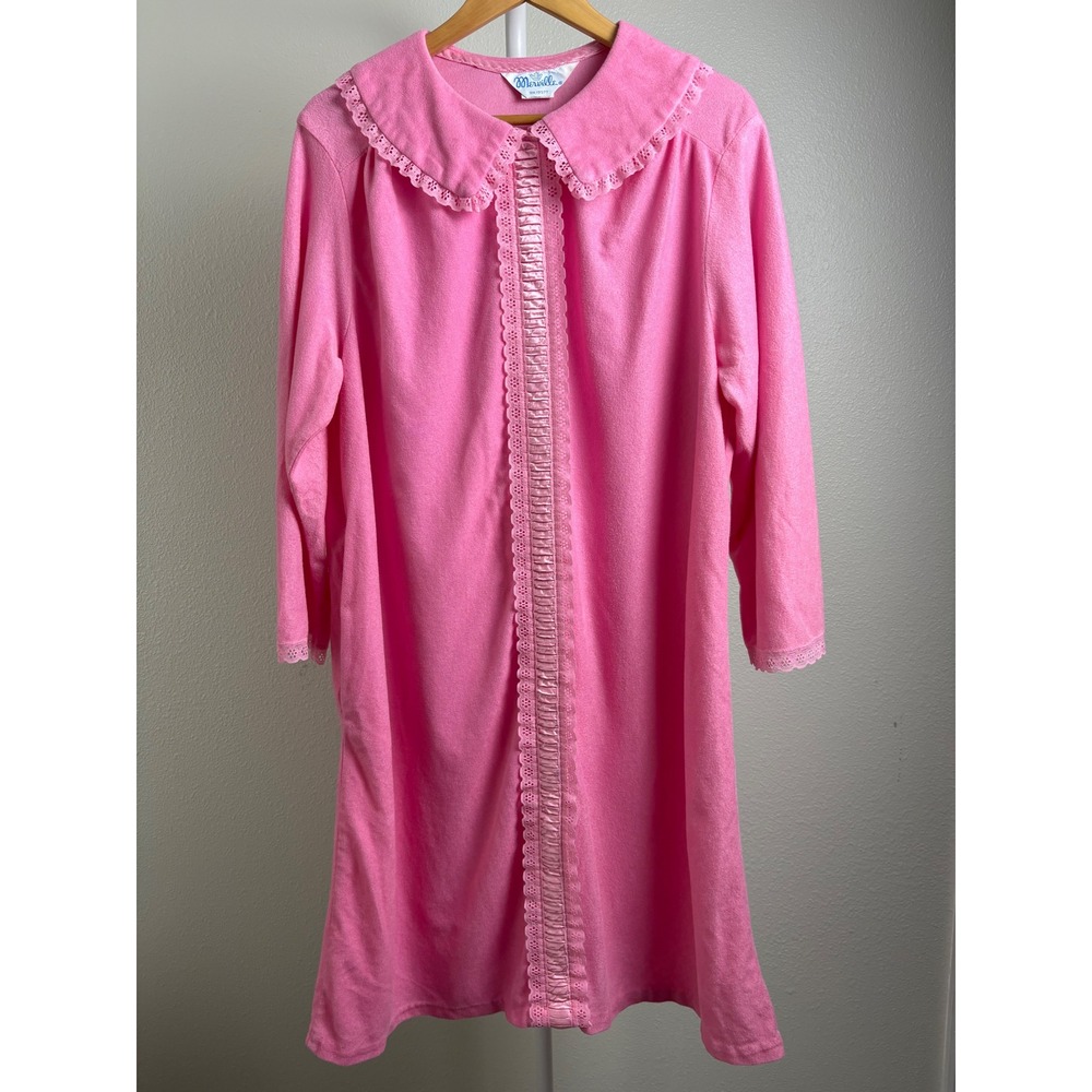 Vintage Pink Nightgown Peter Pan Collar Lace Trim Cottagecore House Coat Dress